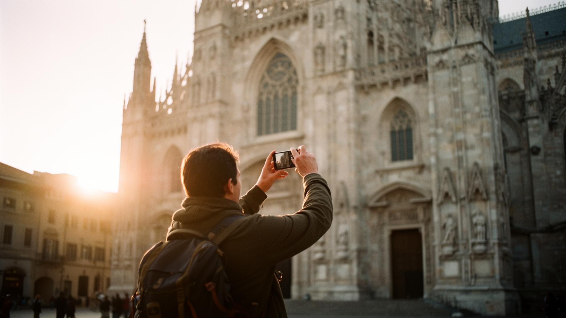 Traveler photographing a cathedral at golden hour
